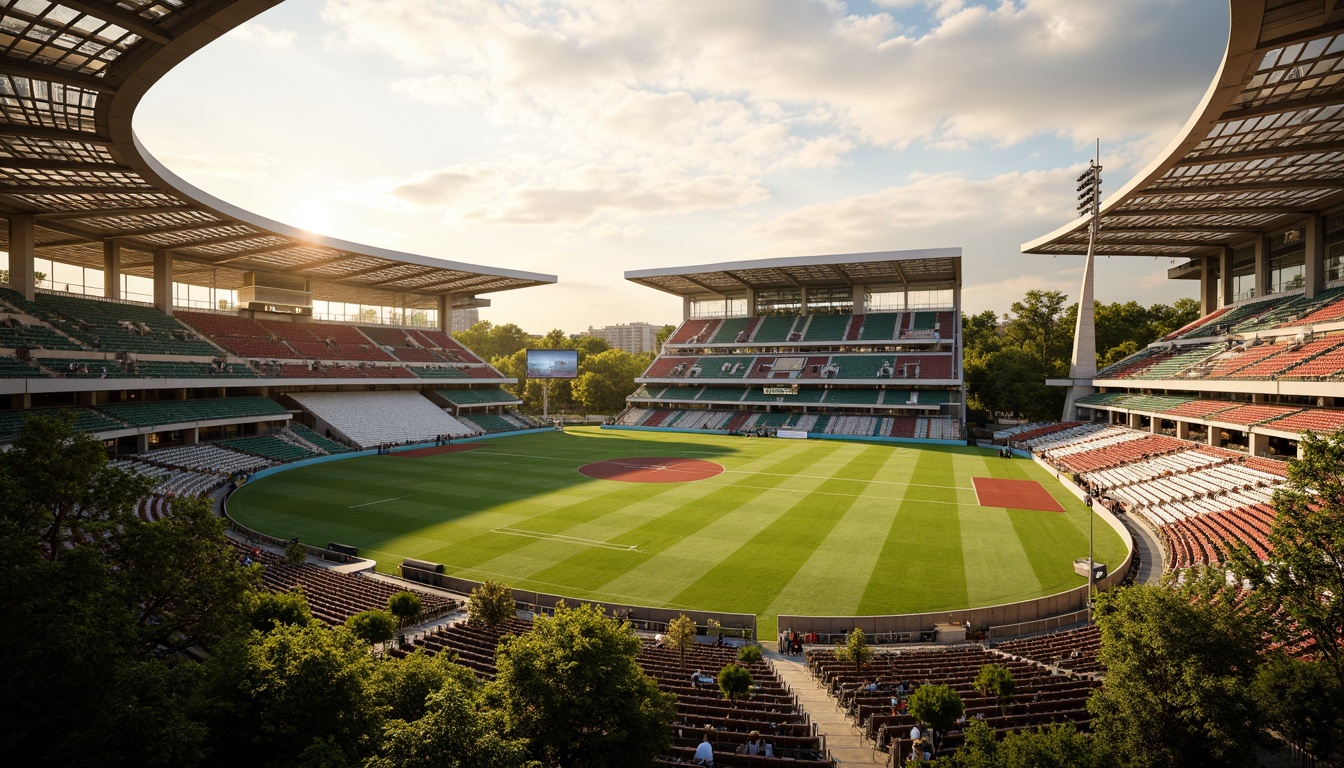 Prompt: Panoramic stadium views, lush greenery integration, natural stone seating, cantilevered roofs, curved lines, modern architecture, transparent glass fa\u00e7ades, retractable roofs, vibrant colored seats, sports equipment, athletic tracks, football fields, soccer pitches, rugby grounds, cricket ovals, tennis courts, basketball courts, volleyball nets, scoreboard displays, floodlighting systems, sunset ambiance, warm golden lighting, shallow depth of field, 3/4 composition, realistic textures, ambient occlusion.