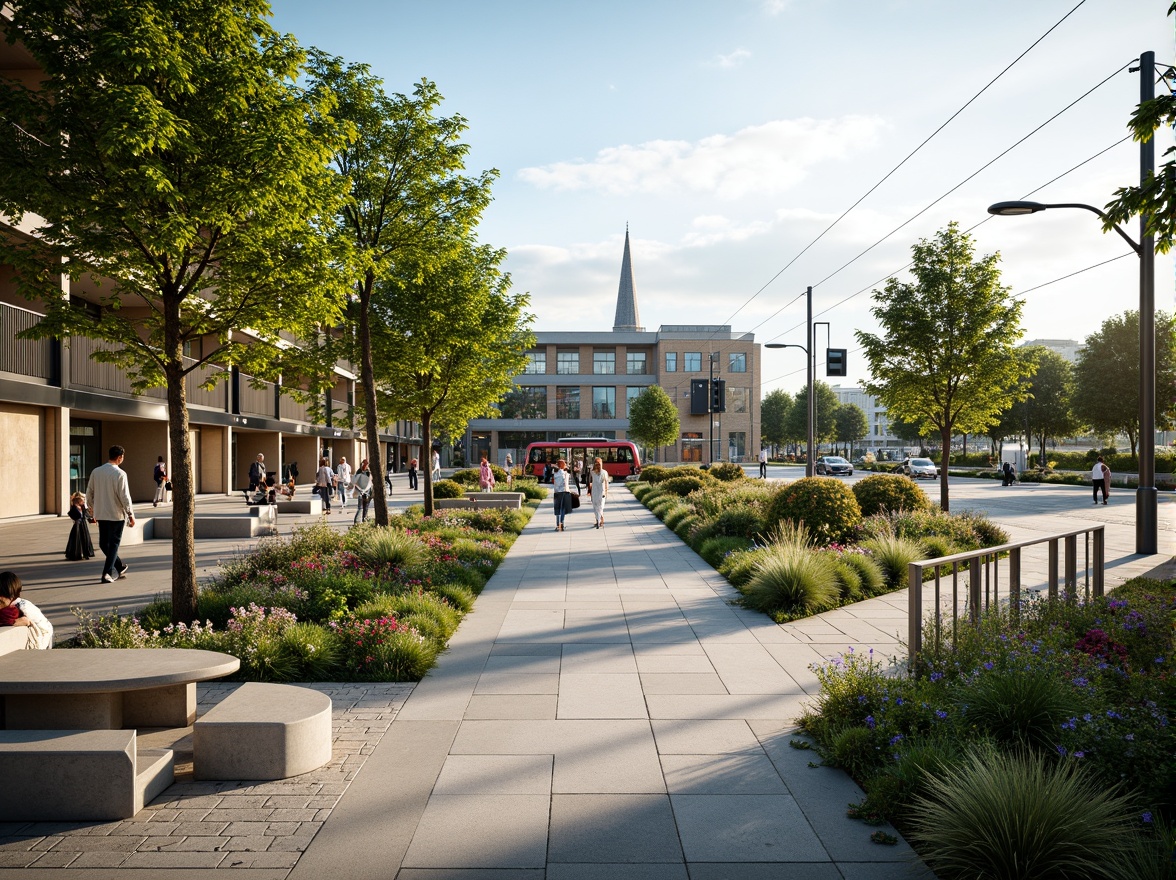 Prompt: Urban tram station, modern landscaping design, lush greenery, vibrant flowers, pedestrian walkways, bike lanes, public seating areas, stainless steel railings, LED streetlights, natural stone paving, urban furniture, geometric planters, contemporary sculptures, sunny day, soft warm lighting, shallow depth of field, 3/4 composition, panoramic view, realistic textures, ambient occlusion.