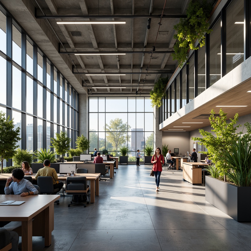 Prompt: Open-plan office space, flexible workstations, minimalist decor, abundant natural light, floor-to-ceiling windows, sleek metal frames, polished concrete floors, modern ergonomic furniture, collaborative breakout areas, acoustic panels, green walls, living plants, soft warm lighting, 1/1 composition, shallow depth of field, realistic textures, ambient occlusion.