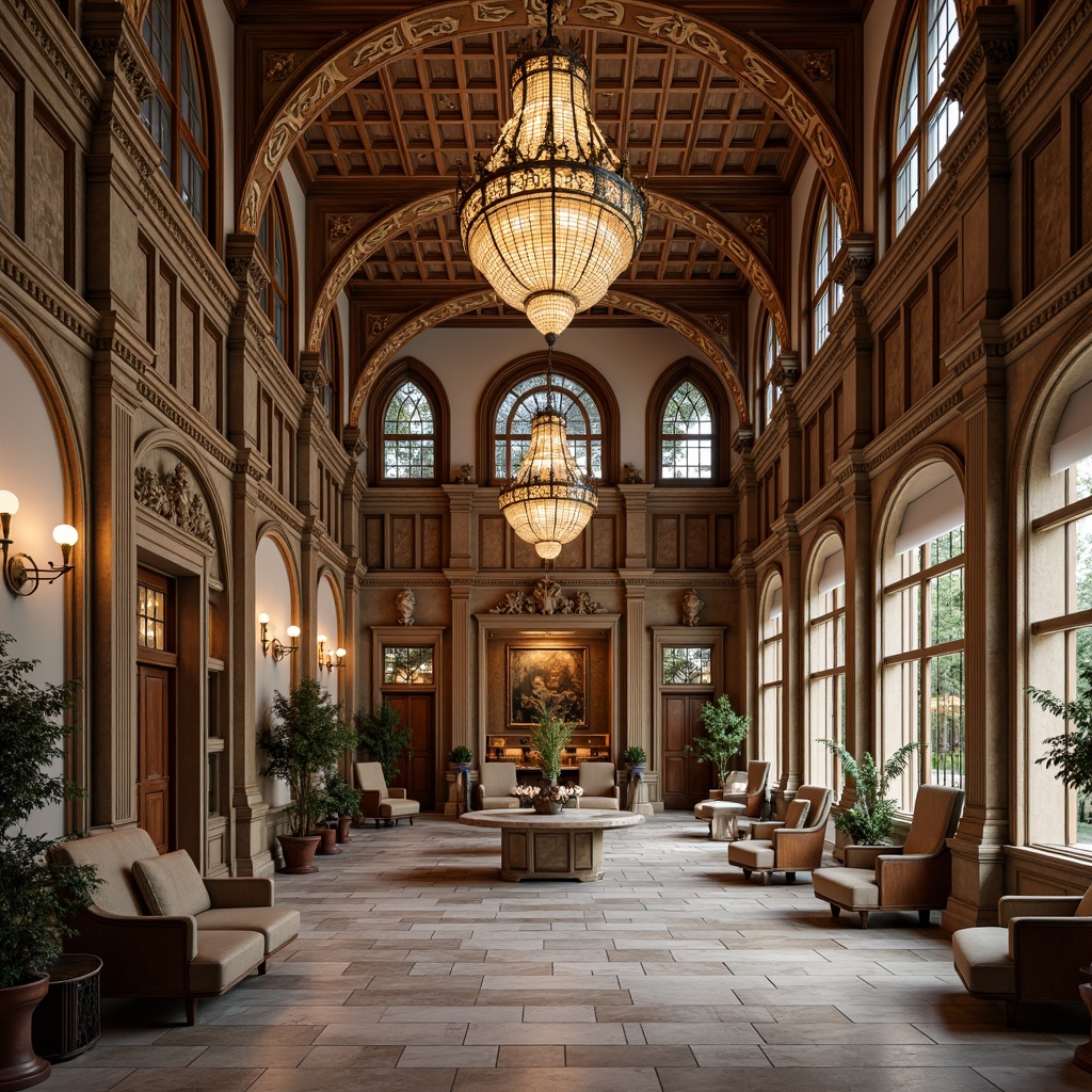 Prompt: Ornate dental clinic facade, symmetrical composition, classical columns, carved stone details, grand entranceways, sweeping arches, ornate moldings, luxurious materials, marble floors, wooden paneling, stained glass windows, vaulted ceilings, elegant chandeliers, soft warm lighting, shallow depth of field, 3/4 composition, realistic textures, ambient occlusion, Renaissance-inspired furnishings, intricate patterns, rich colors.