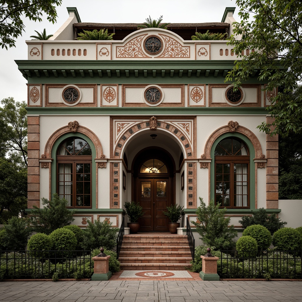 Prompt: Eclectic clinic facade, ornate details, vintage medical symbols, distressed finishes, exposed brickwork, decorative cornices, grand entrance archways, patterned terracotta tiles, lush green walls, natural stone cladding, contrasting color schemes, asymmetrical compositions, intricate metalwork, oversized windows, soft warm lighting, shallow depth of field, 1/1 composition, realistic textures, ambient occlusion.