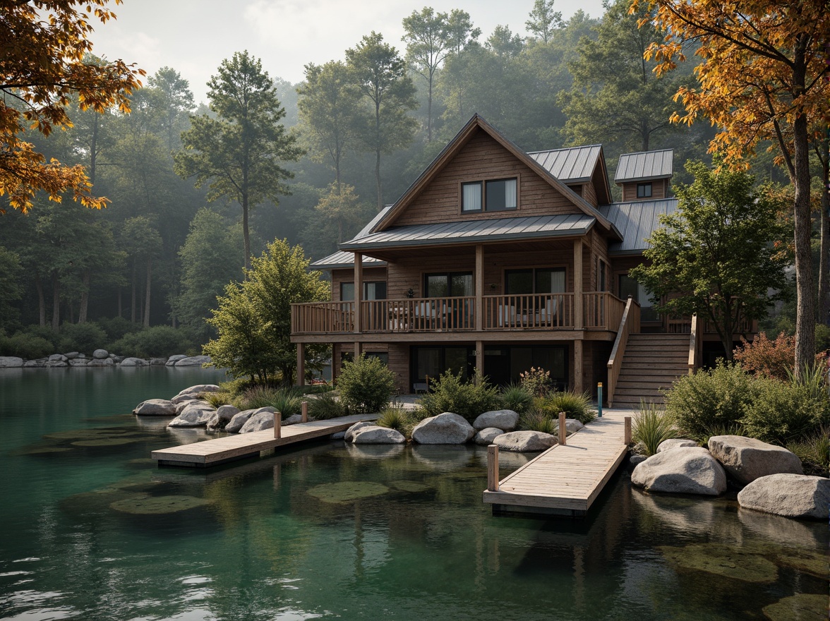 Prompt: Rustic boathouse, wooden docks, calm lake waters, serene forest surroundings, natural stone foundations, weathered wood siding, metal roofs, corrugated textures, distressed finishes, warm earthy tones, soft diffused lighting, 3/4 composition, shallow depth of field, realistic reflections, ambient occlusion.