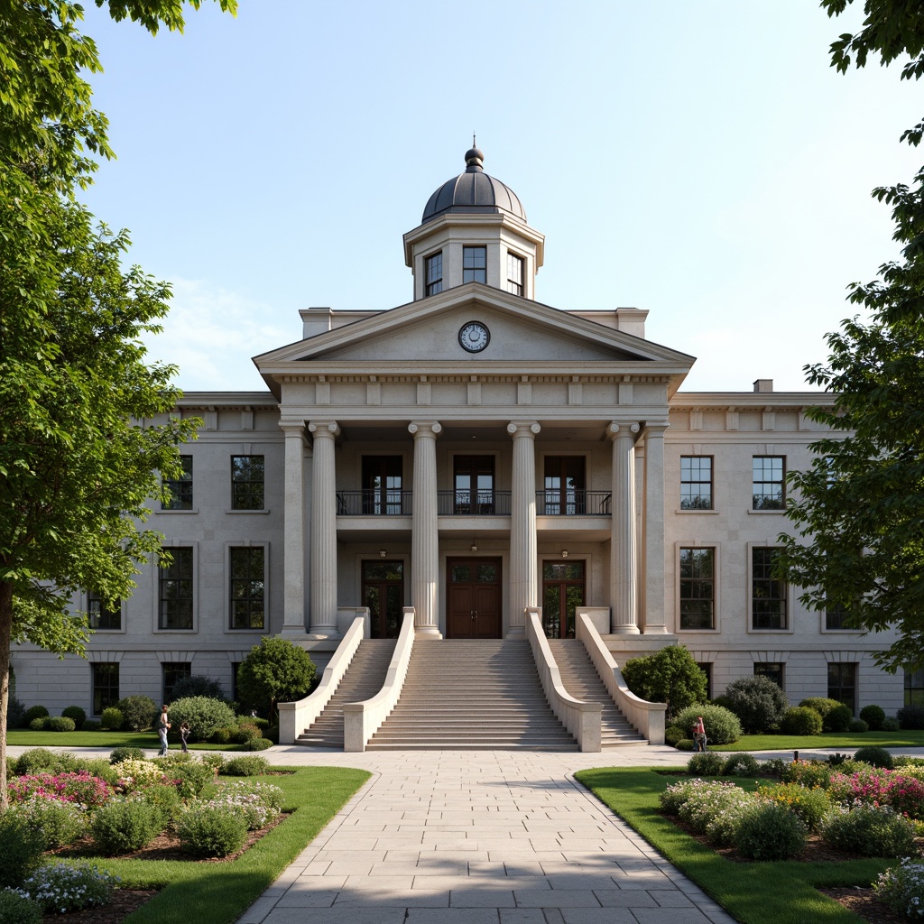 Prompt: Grand courthouse facade, classic columns, ornate details, symmetrical architecture, rusticated stone walls, majestic entrance, sweeping staircases, elegant balustrades, traditional clock tower, grand dome, solemn atmosphere, formal landscaping, manicured lawns, vibrant flower beds, mature trees, sunny day, soft natural lighting, 1/1 composition, realistic textures, ambient occlusion.