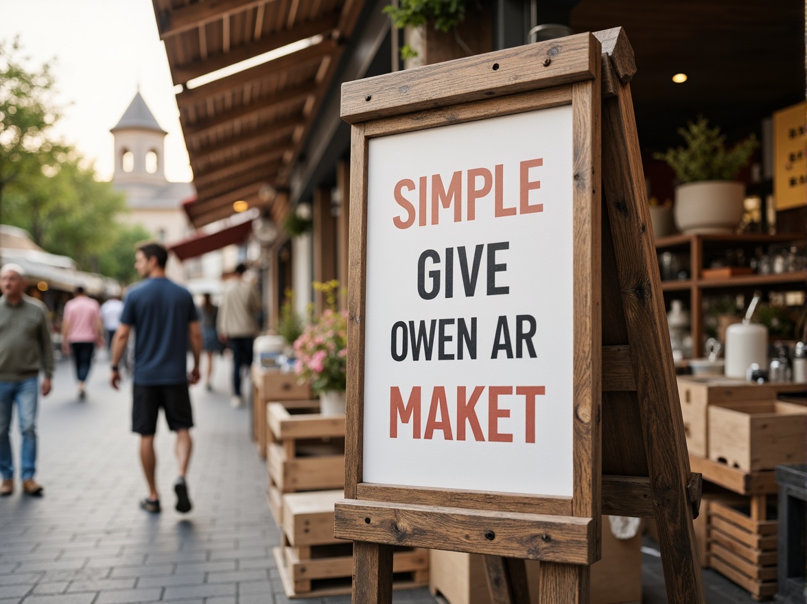 Prompt: Simple market signage, bold typography, pastel color palette, wooden textures, natural materials, minimalist aesthetic, clean lines, ample negative space, subtle branding, elegant font styles, soft lighting, shallow depth of field, 1/1 composition, realistic rendering, ambient occlusion, urban market setting, busy street scene, morning sunlight, casual atmosphere.