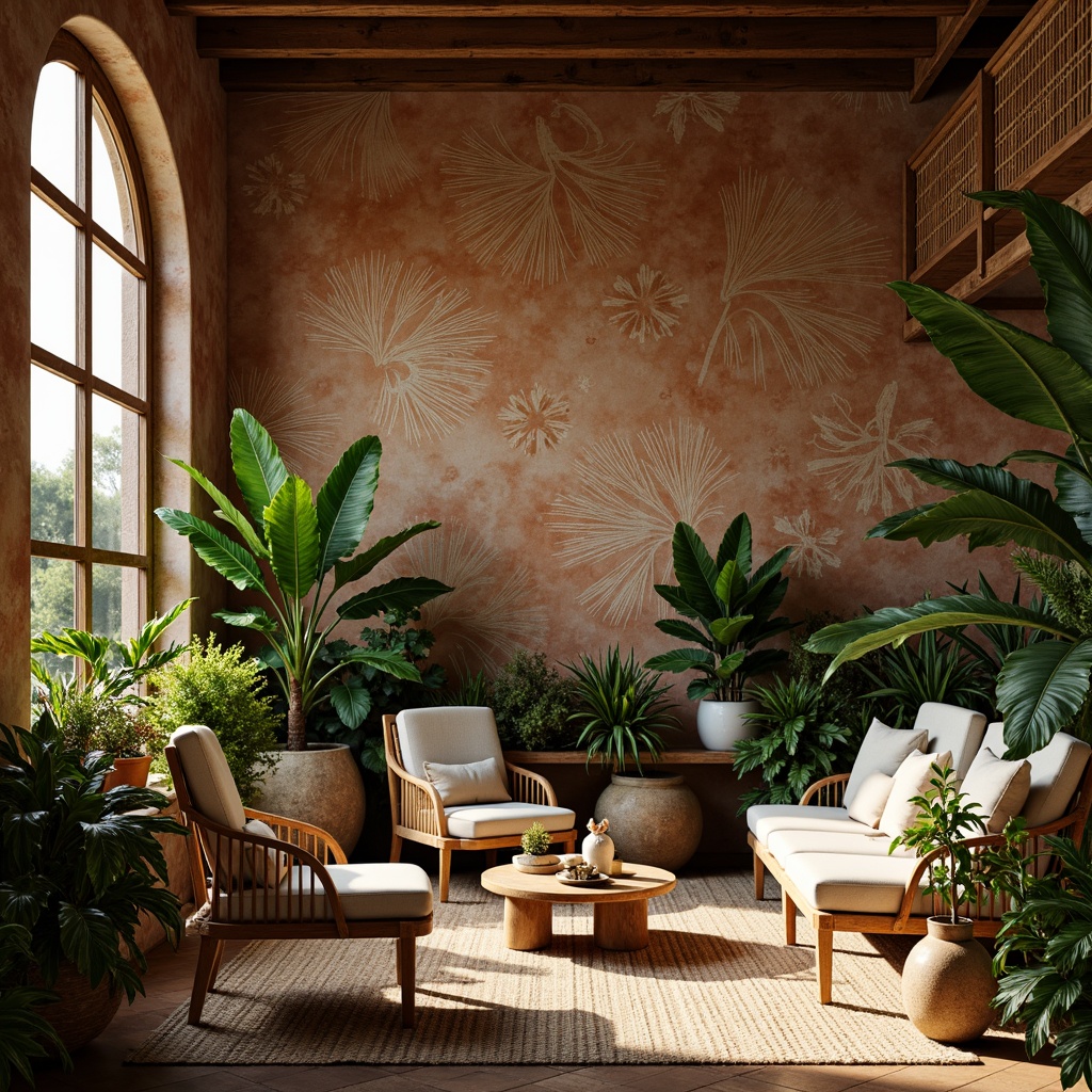 Prompt: Organic botanical forms, intricate leaf patterns, delicate flower shapes, earthy terracotta tones, natural stone textures, wooden accents, woven fibers, rattan furniture, reclaimed wood elements, bamboo details, jungle-inspired wallpaper, lush greenery, tropical atmosphere, warm sunlight filtering, shallow depth of field, 3/4 composition, realistic materials, ambient occlusion.