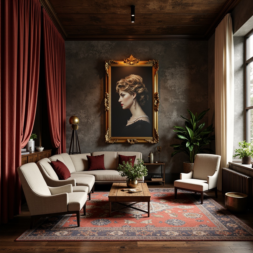 Prompt: Rich velvet drapes, ornate gold frames, distressed wooden furniture, vintage rugs, eclectic art pieces, bold statement walls, luxurious fabrics, intricate patterns, moody warm lighting, cinematic composition, atmospheric ambiance, rustic textures, bohemian chic accents, warm earthy tones, jewel-toned accents, soft pastel hues, dramatic high contrast.