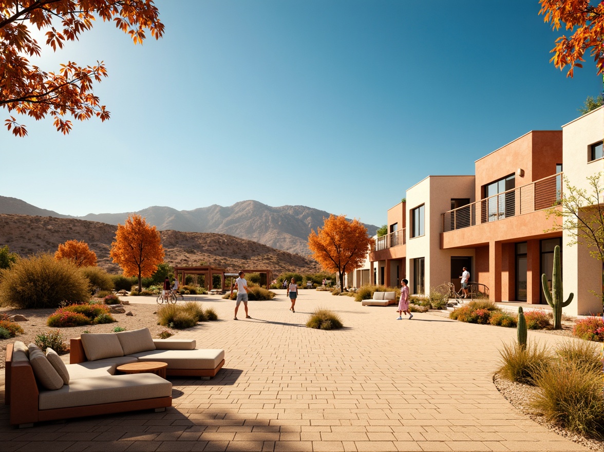 Prompt: Vibrant desert landscape, sandy dunes, cacti silhouettes, warm sunny day, clear blue sky, modern metro architecture, earthy terracotta hues, weathered copper accents, sandy beige tones, turquoise glass mosaics, geometric patterns inspired by Native American pottery, warm LED lighting, shallow depth of field, 1/2 composition, realistic textures, ambient occlusion.