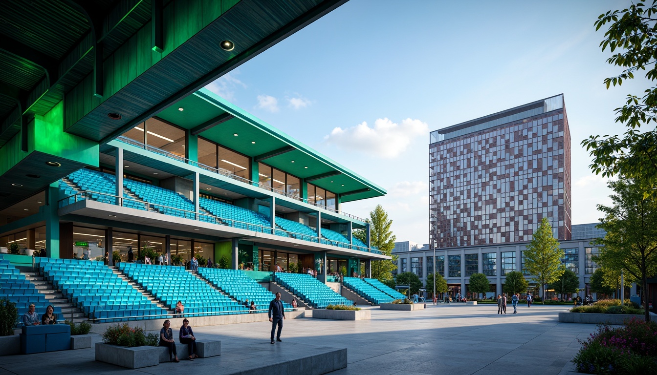 Prompt: Vibrant stadium architecture, bold geometric shapes, dynamic LED lighting, electric blue seats, neon green accents, metallic silver beams, concrete floors, sleek glass facades, modern angular lines, urban cityscape background, warm sunny day, dramatic shadowing, 1/1 composition, low-angle shot, cinematic atmosphere, realistic textures, advanced shading techniques.