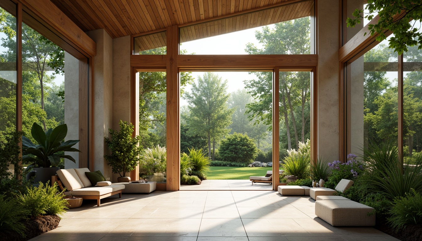 Prompt: Minimalist interior, large windows, sliding glass doors, natural stone floors, wooden accents, greenery walls, lush plants, abundant sunlight, warm ambient lighting, soft shadows, 1/1 composition, shallow depth of field, realistic textures, ambient occlusion, airy atmosphere, eco-friendly materials, sustainable design solutions.