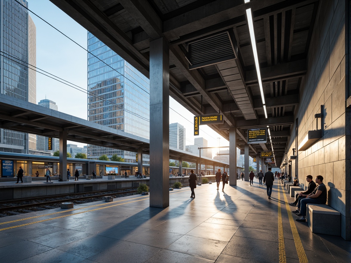 Prompt: Modern train station, sleek glass facades, stainless steel columns, polished concrete floors, anodized aluminum accents, LED lighting systems, minimalist benches, futuristic digital displays, dynamic wayfinding signage, industrial-chic exposed ductwork, natural stone walls, urban cityscape views, bustling pedestrian traffic, warm ambient lighting, shallow depth of field, 1/1 composition, realistic metallic reflections, subtle gradient maps.