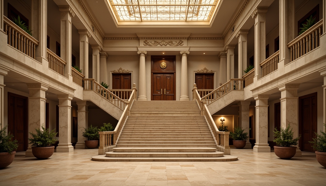 Prompt: Majestic courthouse building, neoclassical architecture, symmetrical fa\u00e7ade, ornate columns, grand staircase, intricate stone carvings, rich wood paneling, solemn atmosphere, muted earth tones, beige marble floors, soft golden lighting, warm color harmony, balanced composition, classical proportions, subtle texture details, realistic material renderings.