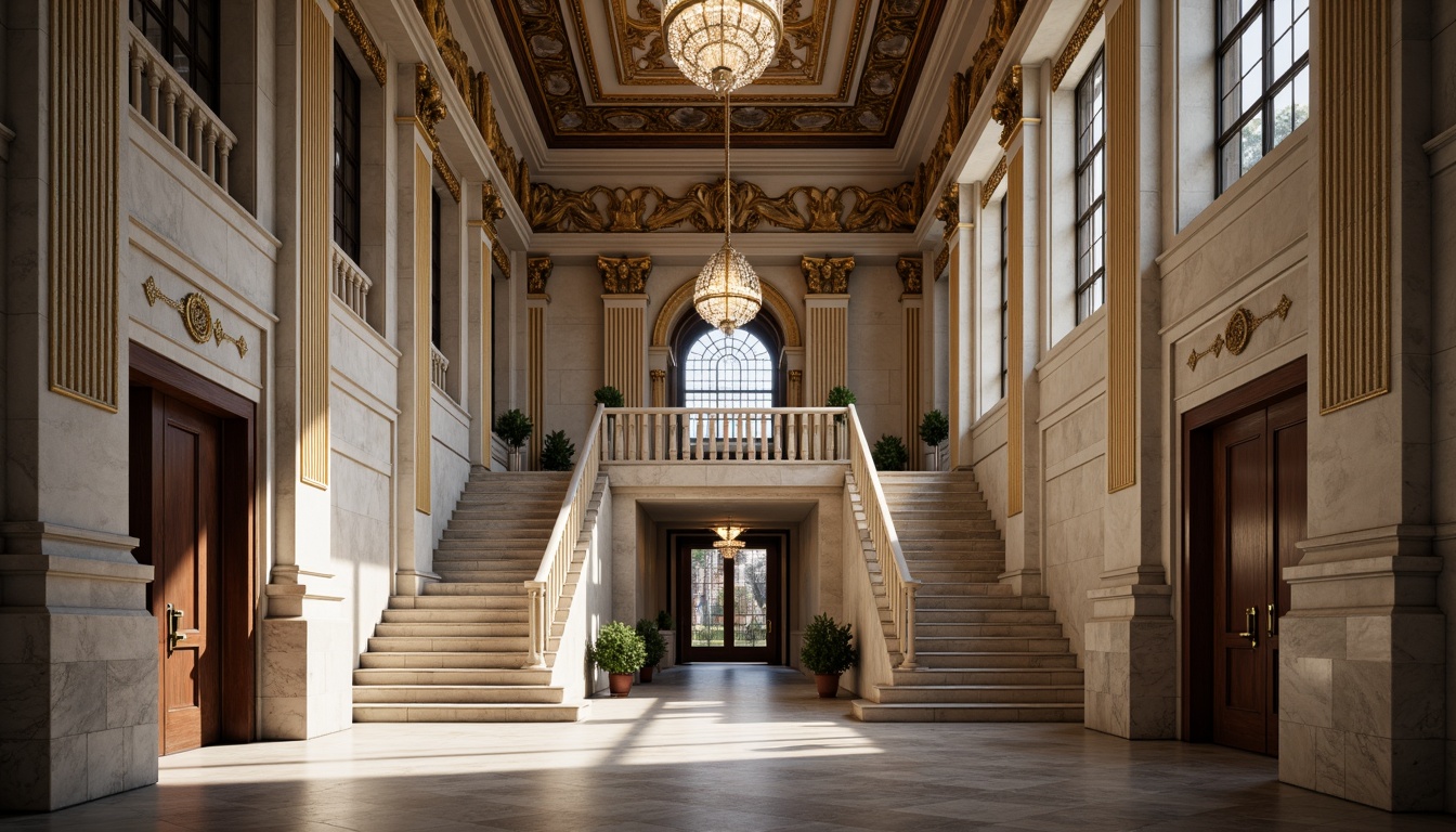 Prompt: Grand courthouse building, neoclassical architecture, ornate columns, carved stone capitals, intricate frieze patterns, pediment sculptures, bronze door handles, grand staircase, marble floors, high ceilings, crystal chandeliers, detailed moldings, gilded accents, solemn atmosphere, natural light pouring in, shallow depth of field, 1/1 composition, symmetrical view, realistic textures, ambient occlusion.