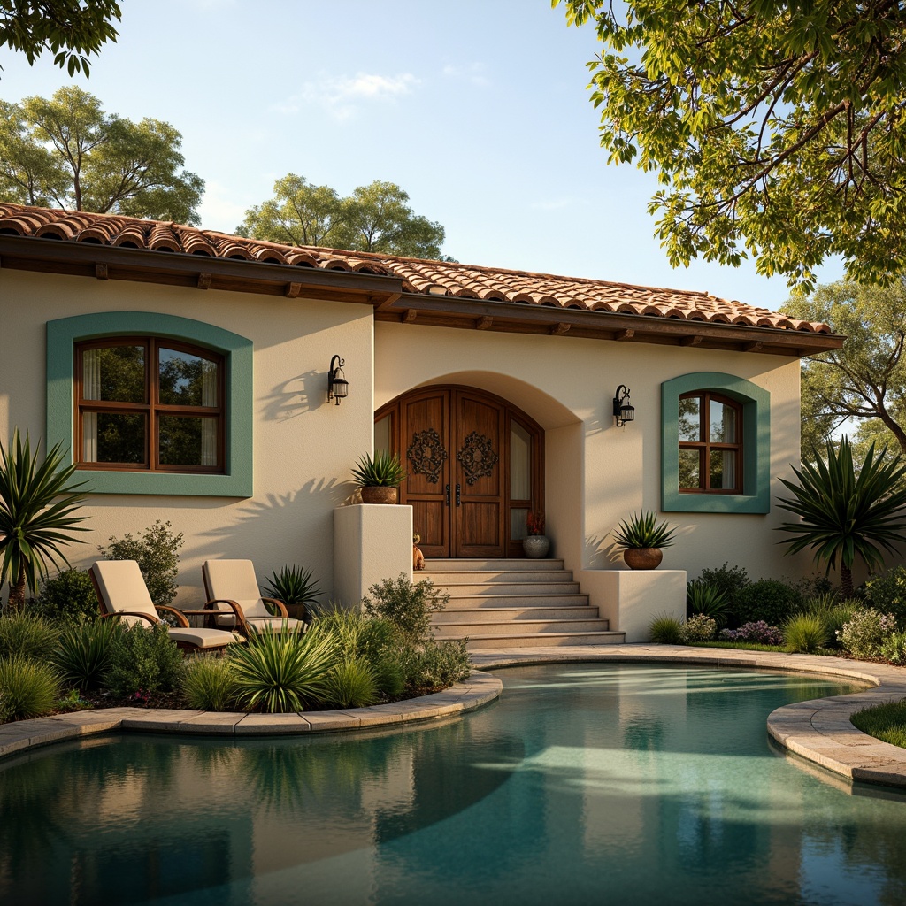 Prompt: Lush Mediterranean villa, warm beige stucco, terracotta roof tiles, vibrant turquoise accents, rustic wooden doors, ornate ironwork, fragrant herb gardens, tranquil water features, soft golden lighting, shallow depth of field, 1/2 composition, panoramic view, realistic textures, ambient occlusion.