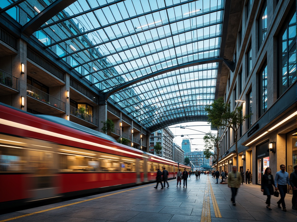 Prompt: Futuristic train station, sleek glass facade, curved metal lines, vibrant LED lighting, modern architecture, urban landscape, busy city street, rushing commuters, dynamic movement, blurred motion, shallow depth of field, 1/1 composition, symmetrical framing, warm golden hour, soft diffused light, realistic textures, ambient occlusion, intricate steel beams, cantilevered roofs, spacious waiting areas, comfortable seating, digital information displays, futuristic advertising screens.