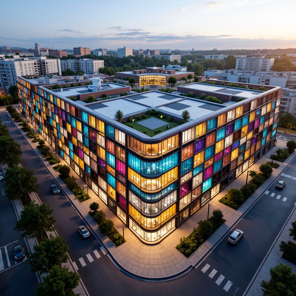 Prompt: Vibrant social housing complex, modern distribution center, innovative fa\u00e7ade design, dynamic LED lighting, geometric patterns, bold color schemes, angular architecture, cantilevered structures, green roofs, solar panels, rainwater harvesting systems, urban landscape, bustling streets, morning sunlight, shallow depth of field, 1/2 composition, realistic textures, ambient occlusion.