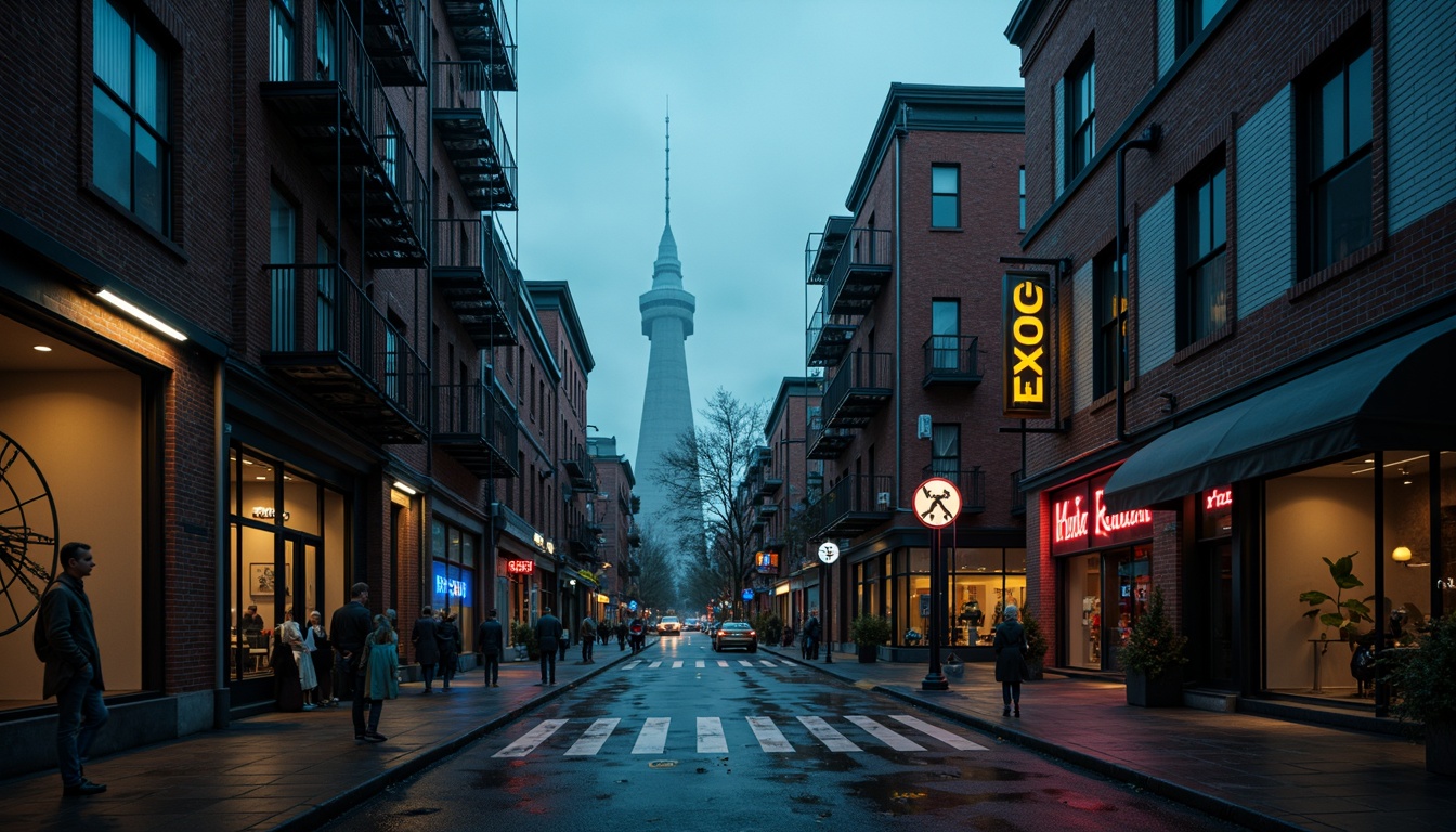 Prompt: Moody urban streets, Prussian blue accents, industrial chic buildings, exposed brick walls, metallic tones, distressed wood textures, contemporary art installations, neon signage, rainy evening atmosphere, soft misty lighting, shallow depth of field, 1/1 composition, cinematic view, realistic reflections, ambient occlusion.