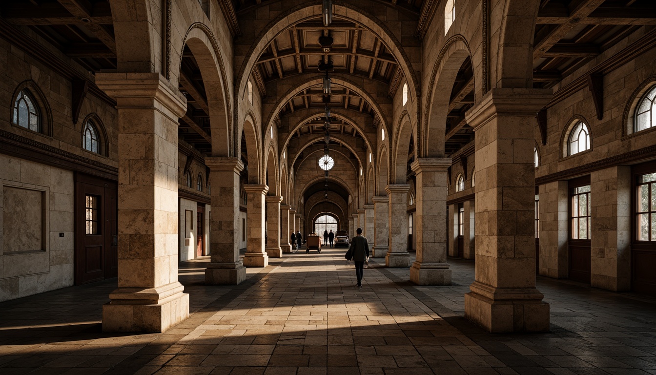 Prompt: Historic Romanesque metro stations, ornate stone masonry, rusticated stonework, arched windows, ribbed vaults, grand entrances, intricate carvings, rich textures, warm earthy tones, dim soft lighting, atmospheric shadows, 3/4 composition, symmetrical framing, realistic stone details, ambient occlusion.