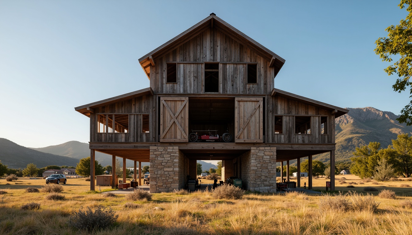 Prompt: Rustic barn, wooden beams, exposed trusses, metal accents, weathered wood textures, earthy tones, natural stone foundations, corrugated metal roofs, sliding barn doors, hayloft windows, vintage farm equipment, rural landscape, rolling hills, golden wheat fields, clear blue sky, warm sunlight, soft focus, shallow depth of field, 2/3 composition, cinematic lighting, realistic materials.