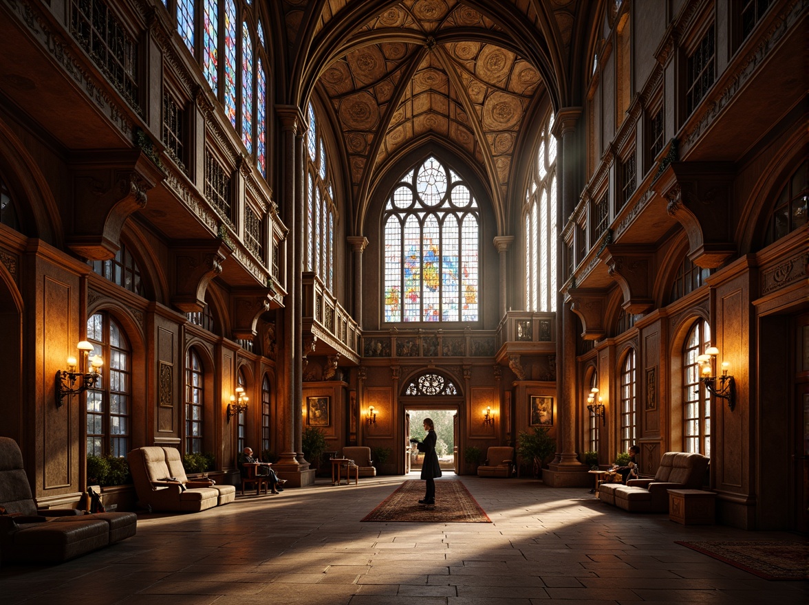 Prompt: Grandiose cathedral ceiling, ornate stone carvings, stained glass windows, rich velvet drapes, intricate wooden paneling, majestic chandeliers, dramatic archways, mysterious alcoves, lavish furnishings, regal thrones, mystical ambiance, warm golden lighting, subtle shadows, 1/1 composition, atmospheric perspective, detailed textures, realistic reflections.