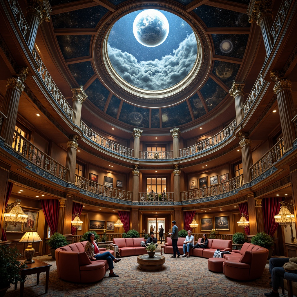 Prompt: Intricate planetarium, ornate detailing, Baroque-inspired architecture, grandiose chandeliers, opulent furnishings, lavish textiles, rich wood paneling, gilded accents, celestial body displays, astronomical instruments, starry night sky projections, soft warm lighting, shallow depth of field, 3/4 composition, panoramic view, realistic textures, ambient occlusion.