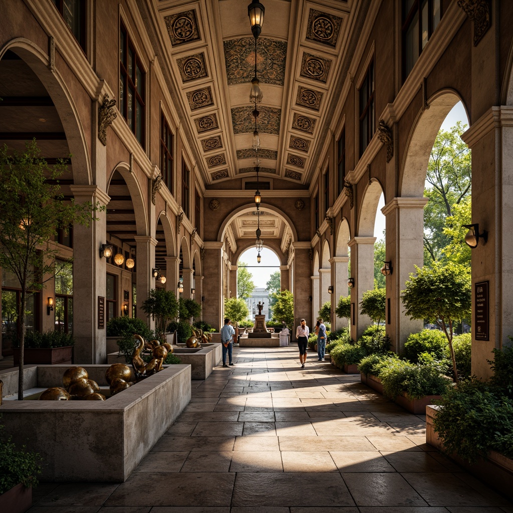 Prompt: Ancient Roman-inspired metro station, grand archways, ornate columns, rusticated stone walls, vaulted ceilings, intricate mosaics, lush greenery, majestic fountains, elegant street lamps, weathered bronze statues, natural stone pathways, vintage-style signage, warm ambient lighting, soft focus blur, 1/2 composition, symmetrical framing, realistic textures, subtle atmospheric effects.