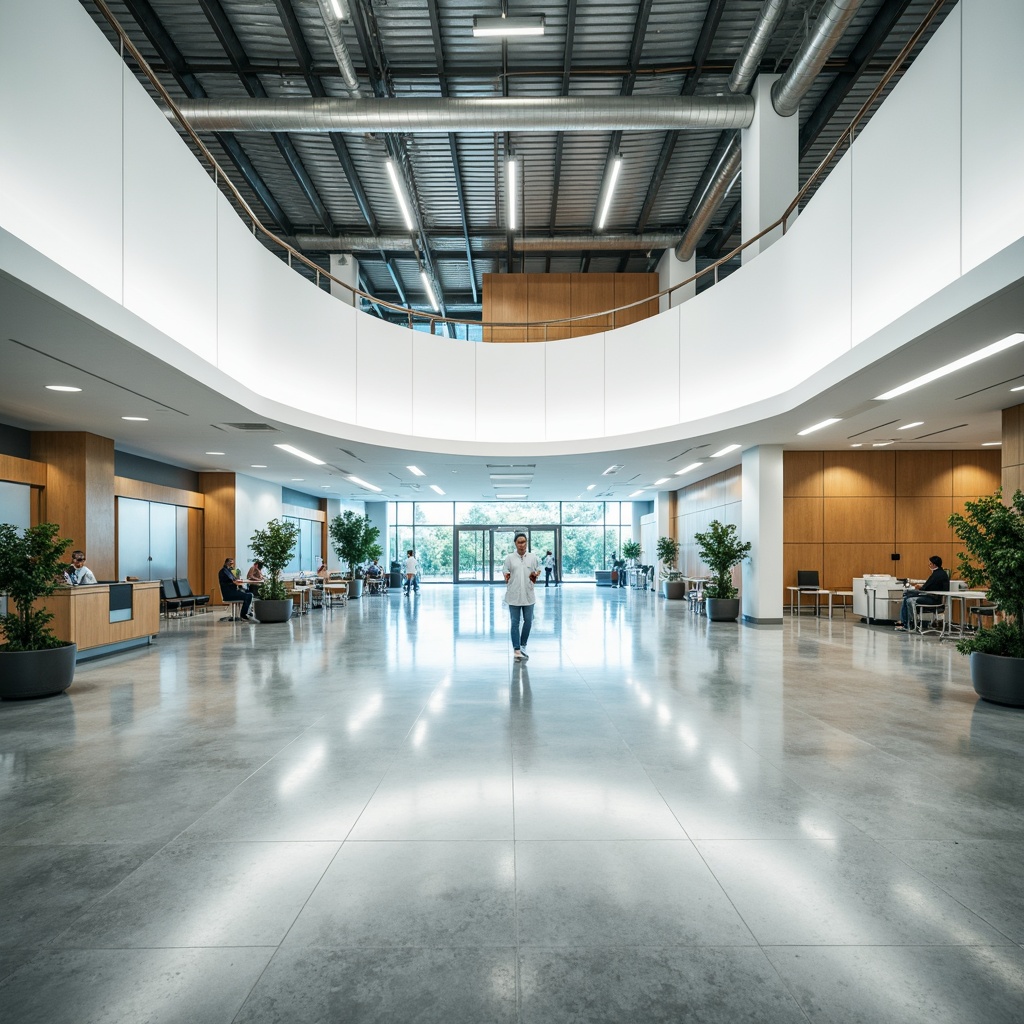 Prompt: Modern hospital, curved lines, minimalist design, white sterile walls, large windows, natural light, steel beams, exposed ductwork, polished concrete floors, sleek metal handrails, wooden accents, calming color schemes, ambient lighting, shallow depth of field, 3/4 composition, panoramic view, realistic textures, ambient occlusion, medical equipment, hospital signage, nurse stations, patient rooms, operating theaters, waiting areas, reception desks, comfortable seating, greenery, natural ventilation systems, sustainable building materials.