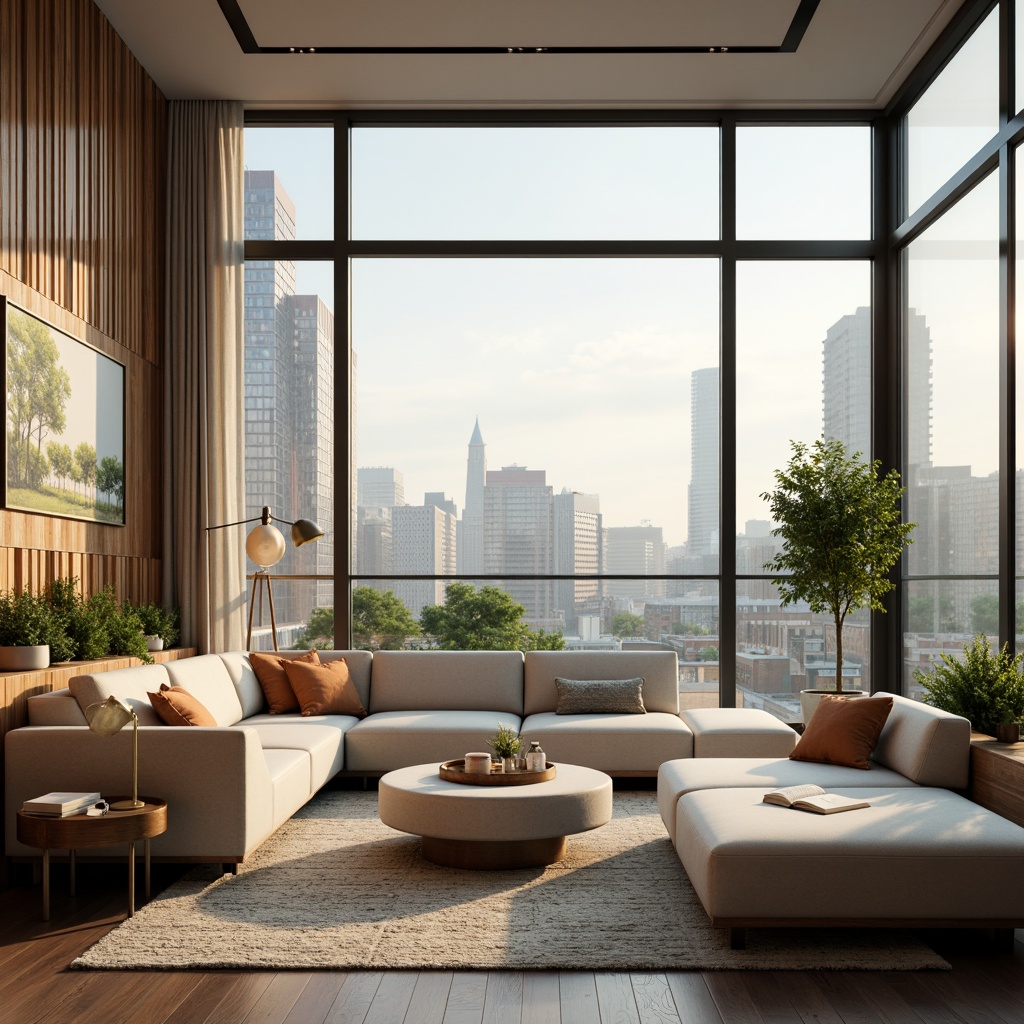 Prompt: Cozy living room, plush sofas, wooden coffee tables, floor lamps, large windows, natural light, urban skyline views, modern minimalist decor, soft pastel colors, textured rugs, comfortable reading nooks, greenery plants, calming ambiance, warm white lighting, shallow depth of field, 1/1 composition, realistic textures, ambient occlusion, futuristic smart home devices, automated window blinds, climate control systems, advanced air purification units.