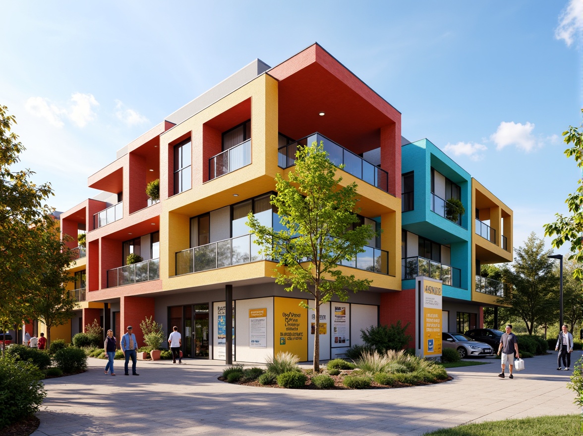 Prompt: Vibrant elementary school building, structuralist architecture, bold colored bricks, cantilevered roofs, geometric patterns, dynamic shapes, playful facade design, interactive outdoor spaces, educational signage, rainwater harvesting systems, green walls, solar panels, modern LED lighting, shallow depth of field, 1/1 composition, panoramic view, realistic textures, ambient occlusion.Please let me know if this meets your requirements!