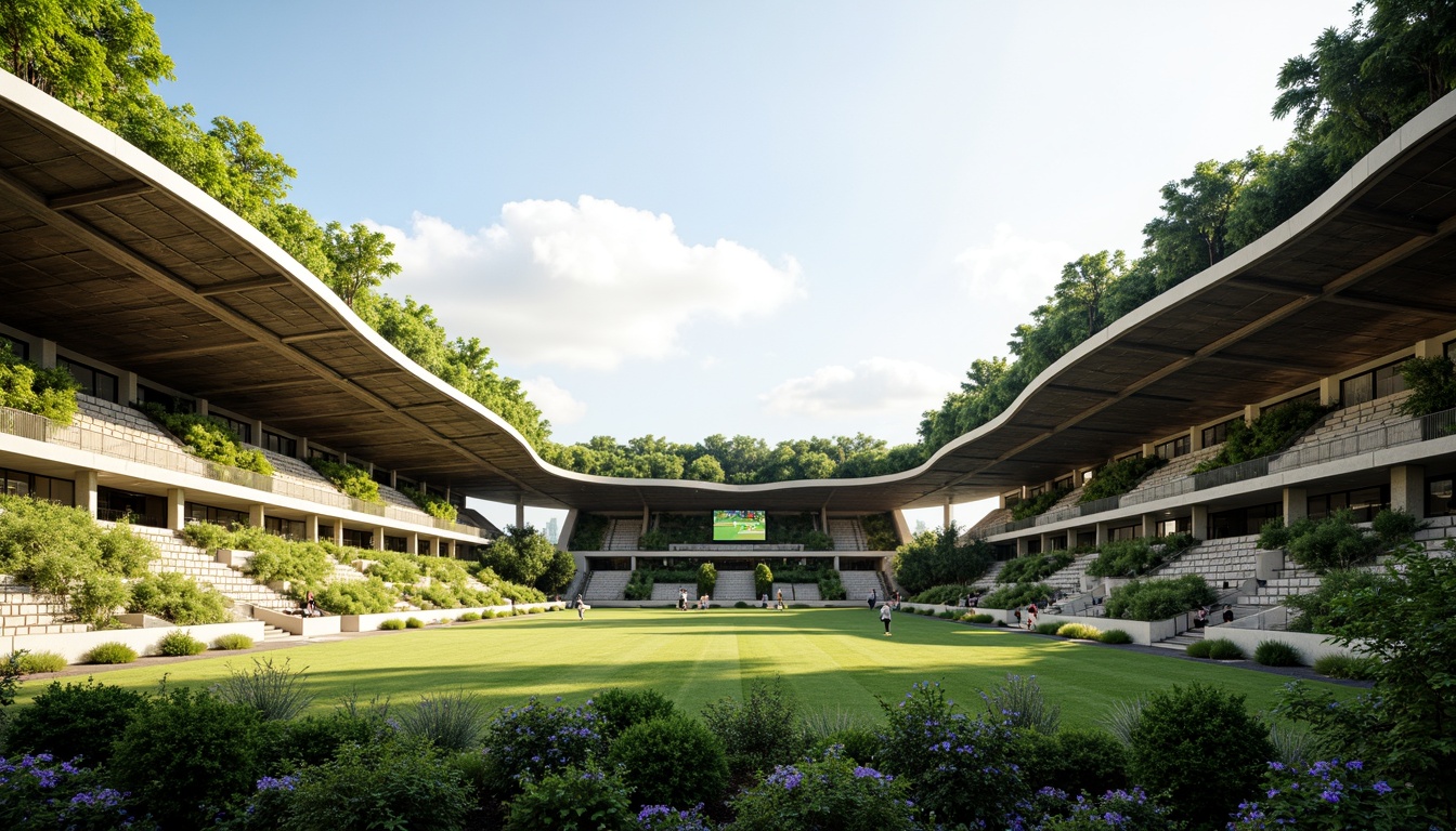 Prompt: Eco-friendly stadium, lush green roofs, living walls, natural ventilation systems, solar panels, rainwater harvesting systems, recycled materials, minimalist design, curved lines, open-air architecture, seamless connections, grandstand seating, athletic tracks, sports equipment, scoreboard displays, vibrant color schemes, warm lighting effects, shallow depth of field, 1/2 composition, panoramic view, realistic textures, ambient occlusion.