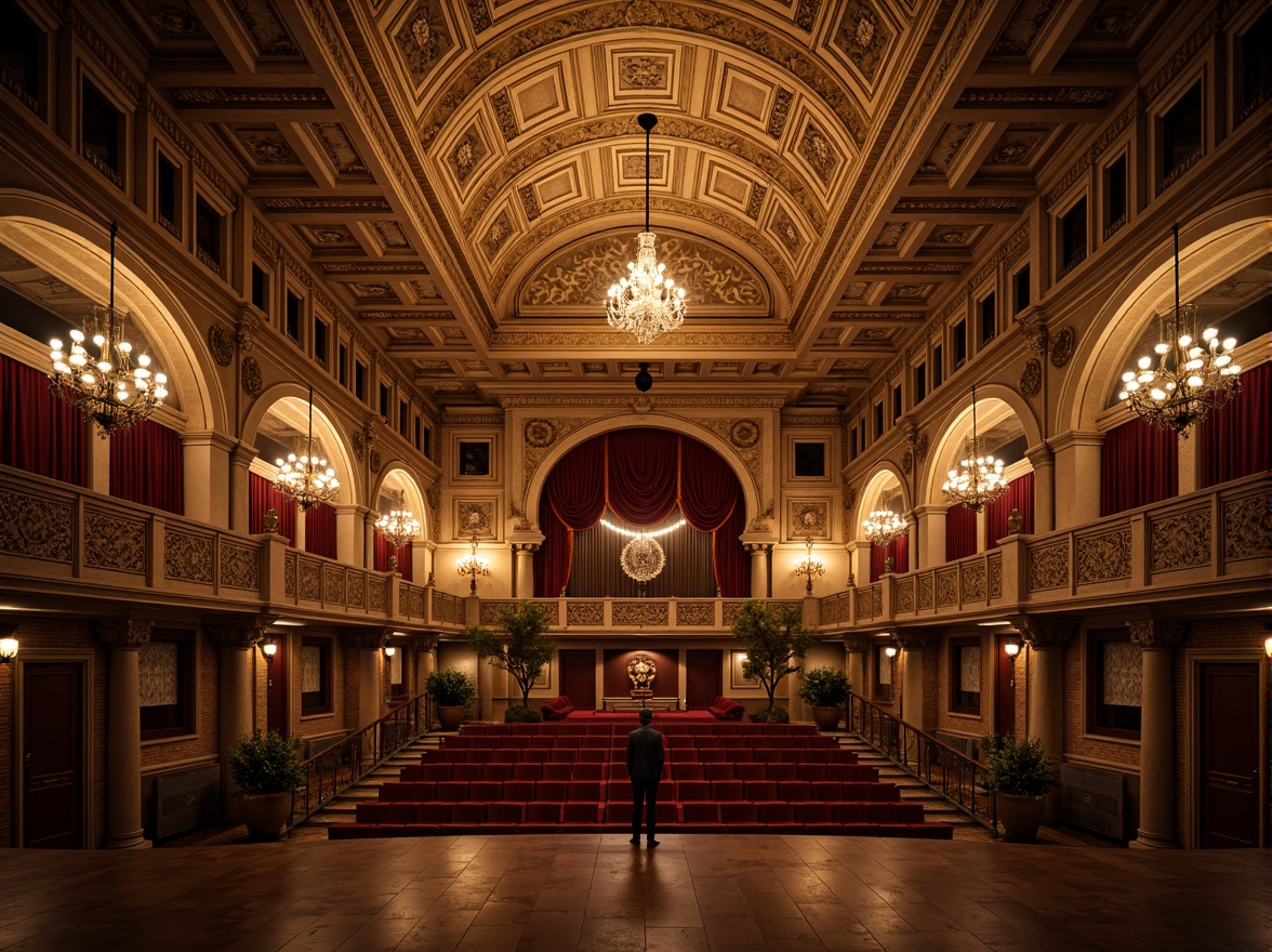 Prompt: Ornate auditorium, Romanesque arches, textured stone walls, ornamental carvings, intricate moldings, grandiose chandeliers, luxurious velvet drapes, polished wooden floors, decorative metal railings, rustic brick columns, dramatic spotlighting, warm golden lighting, 1/2 composition, low-angle shot, cinematic depth of field, detailed textures, ambient shadows.