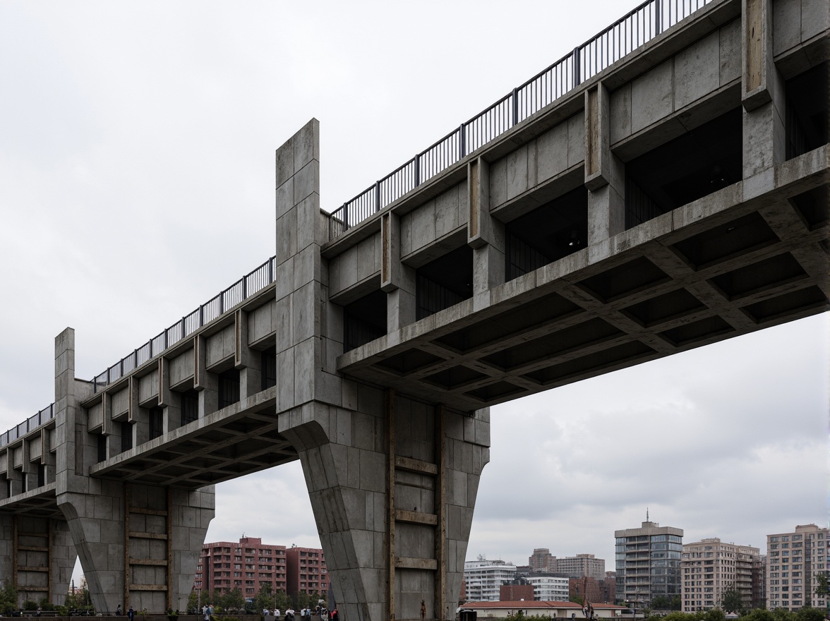 Prompt: Rugged bridge structure, brutalist architecture, raw concrete textures, exposed formwork patterns, bold geometric shapes, industrial-style railings, weathered steel beams, functional minimalism, dramatic cantilevers, poured-in-place concrete, rough-hewn stone foundations, urban cityscape backdrop, overcast sky, high-contrast lighting, 1/2 composition, detailed close-up shots, realistic wear and tear, ambient occlusion.