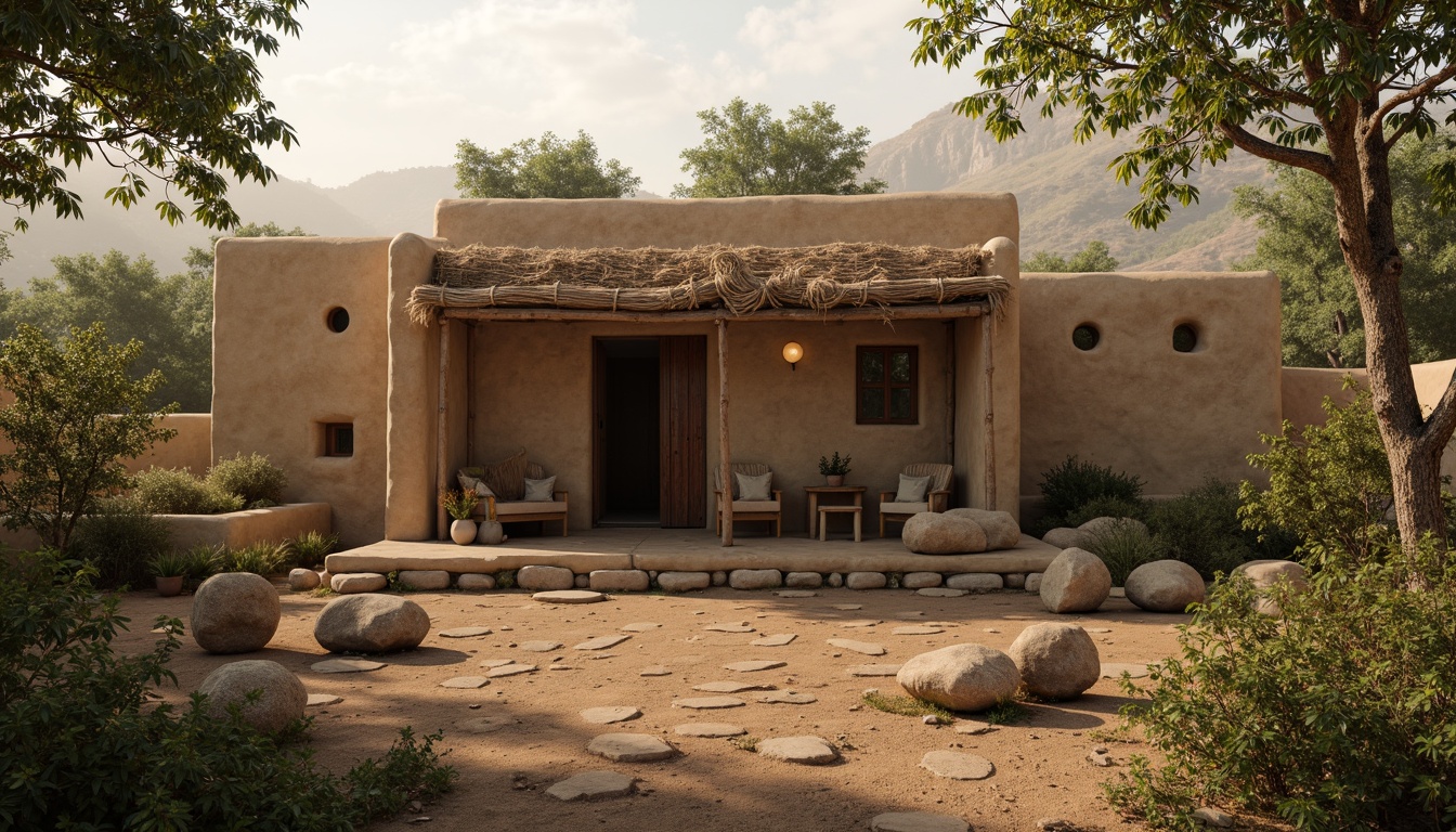 Prompt: Earthy mud hut, rustic exterior walls, coarse textures, organic shapes, natural materials, earthy tones, rough stone foundations, wooden doorways, woven thatched roofs, lush greenery surroundings, misty morning atmosphere, soft warm lighting, shallow depth of field, 1/1 composition, realistic earthy textures, ambient occlusion.