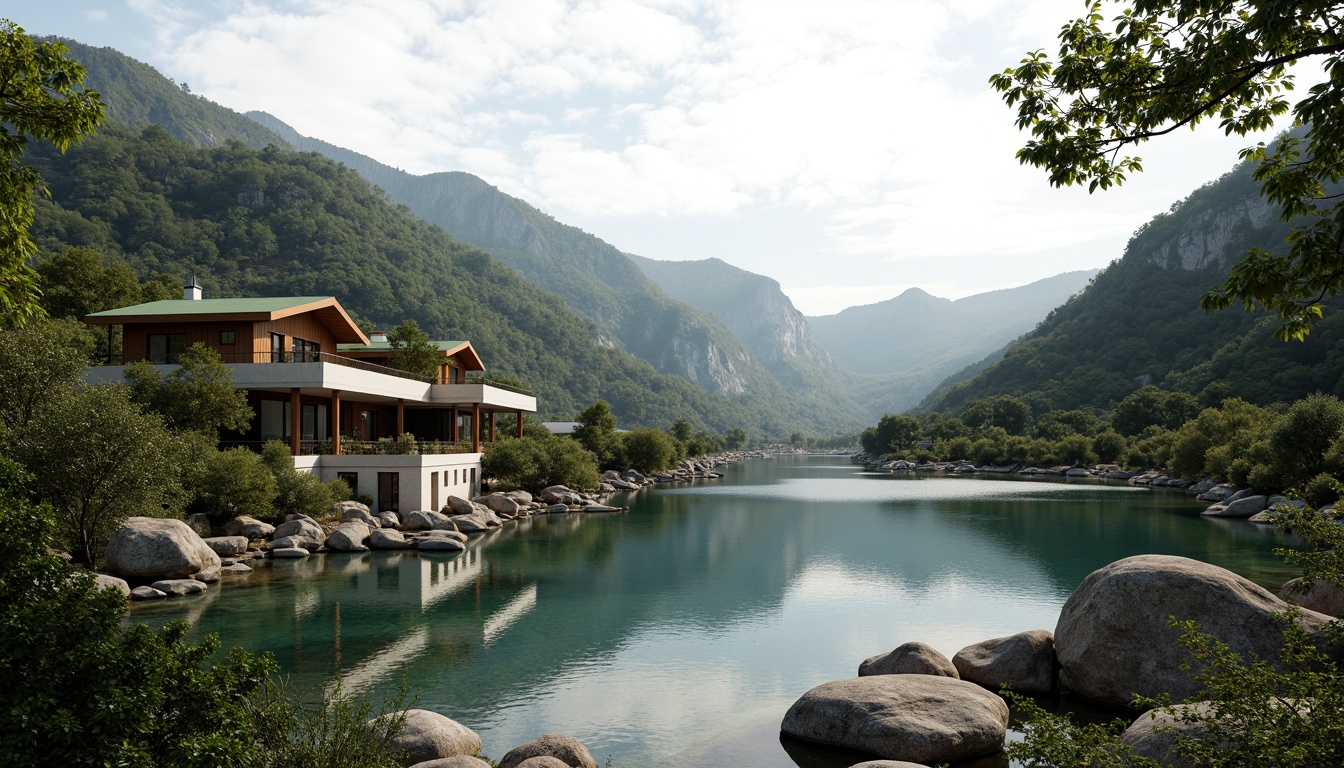 Prompt: Mountainous terrain, serene lake, lush forest, meandering streams, rocky outcrops, gentle slopes, harmonious architecture integration, earthy tones, natural materials, weathered wood accents, green roofs, cantilevered structures, panoramic views, abundant daylight, soft diffused lighting, 1/2 composition, atmospheric perspective, realistic textures, ambient occlusion.