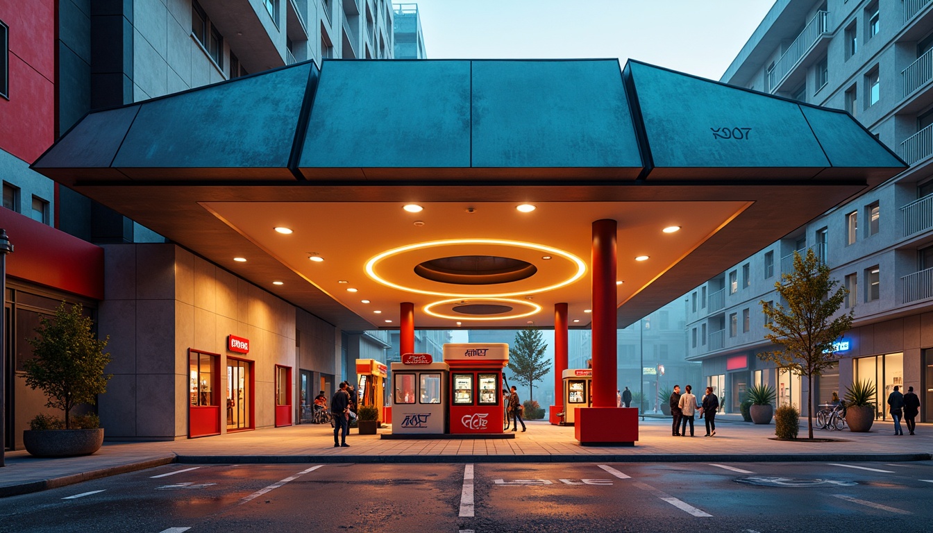 Prompt: Vibrant gas station, bold primary colors, geometric shapes, industrial pipes, metallic accents, minimalist typography, circular signage, angular canopies, functional architecture, brutalist concrete, warm ambient lighting, high-contrast shadows, shallow depth of field, 2/3 composition, symmetrical framing, futuristic aesthetic, nostalgic retro vibes, urban cityscape, morning mist, soft warm glow.