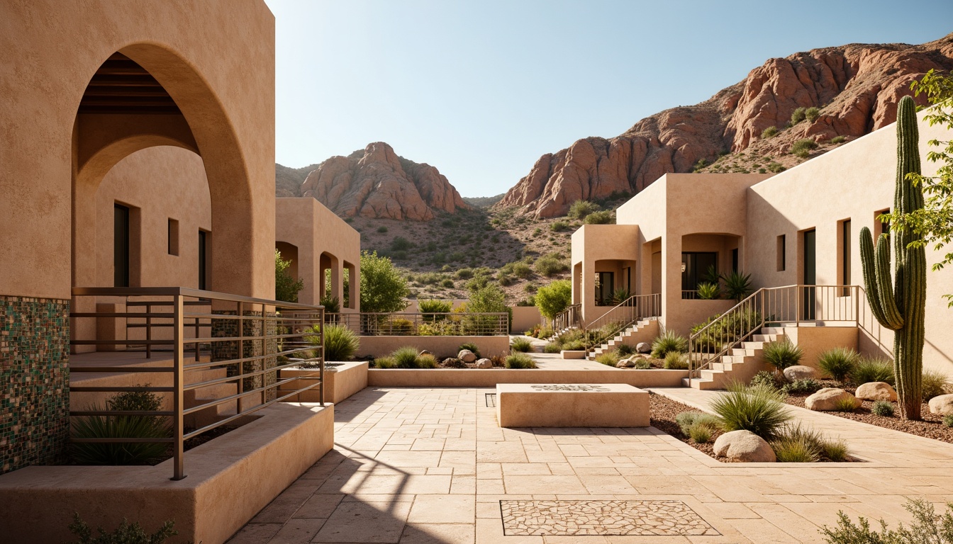 Prompt: Arid desert landscape, sandy dunes, cactus silhouettes, warm beige stone walls, turquoise accents, vibrant terracotta hues, metallic silver rails, sleek modern architecture, geometric patterns, intricate Moorish tiles, sun-baked concrete floors, natural light pouring in, shallow depth of field, 3/4 composition, panoramic view, realistic textures, ambient occlusion.