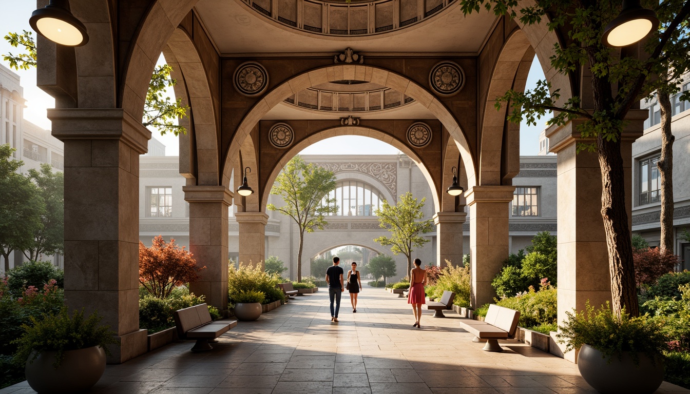 Prompt: Grand metropolitan hub, Romanesque arches, ornate stone carvings, lush greenery, vibrant flowers, modern streetlights, pedestrian walkways, urban benches, sleek metal railings, grand staircases, high ceilings, intricate mosaics, warm golden lighting, shallow depth of field, 3/4 composition, panoramic view, realistic textures, ambient occlusion.