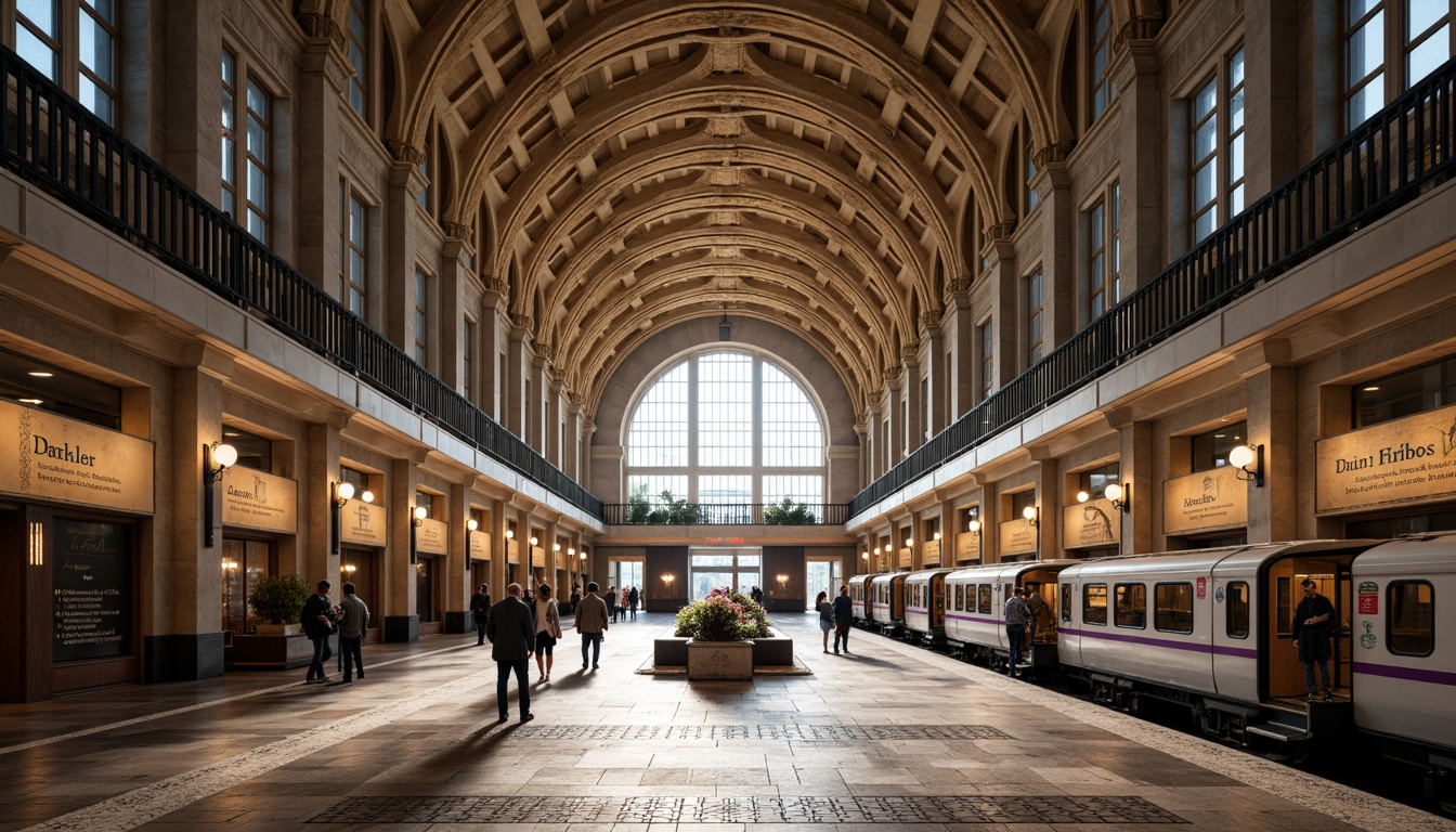 Prompt: Grand metro station, Romanesque archways, ornate stone carvings, high ceilings, large windows, natural light, busy urban scene, modern transportation hub, sleek trains, stainless steel railings, granite floors, intricate mosaic patterns, warm ambient lighting, shallow depth of field, 1/2 composition, symmetrical framing, realistic textures, ambient occlusion.