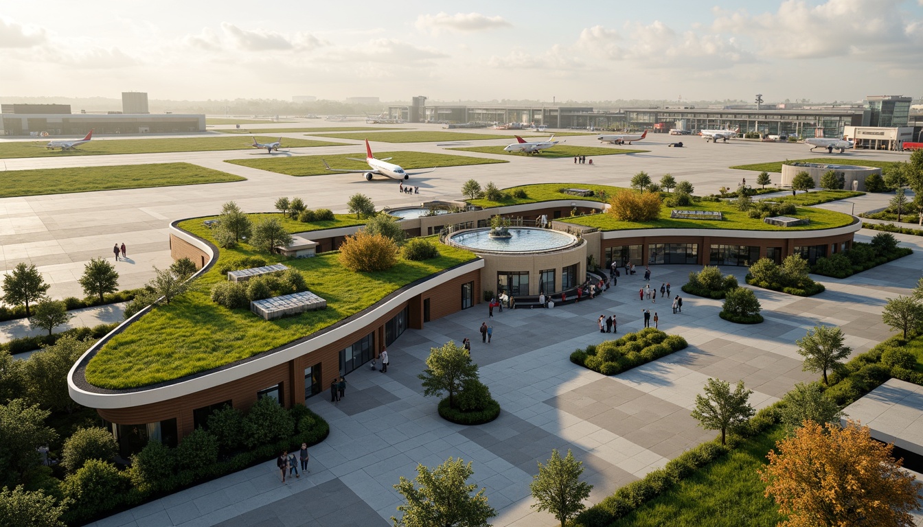 Prompt: Vibrant airport terminal, lush green roofs, living walls, natural ventilation systems, solar panels, wind turbines, rainwater harvesting systems, organic curves, sustainable materials, recycled wood accents, minimalist design, abundant natural light, soft warm ambiance, shallow depth of field, 3/4 composition, panoramic view, realistic textures, ambient occlusion, airport apron, aircraft taxiways, runway landscaping, air traffic control towers, aviation-inspired sculptures, airy atriums, open spaces, calming water features.