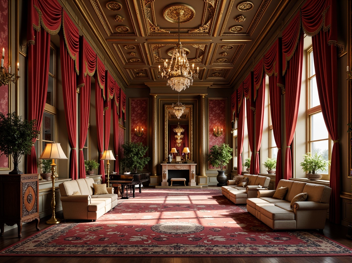 Prompt: Opulent velvet drapes, intricately carved wooden furniture, gilded mirrors, ornate chandeliers, richly patterned rugs, luxurious fabrics, bronze statues, grand pianos, lavish floral arrangements, dramatic coving, highly decorative ceilings, warm golden lighting, soft focus, shallow depth of field, 1/2 composition, classical music ambiance.