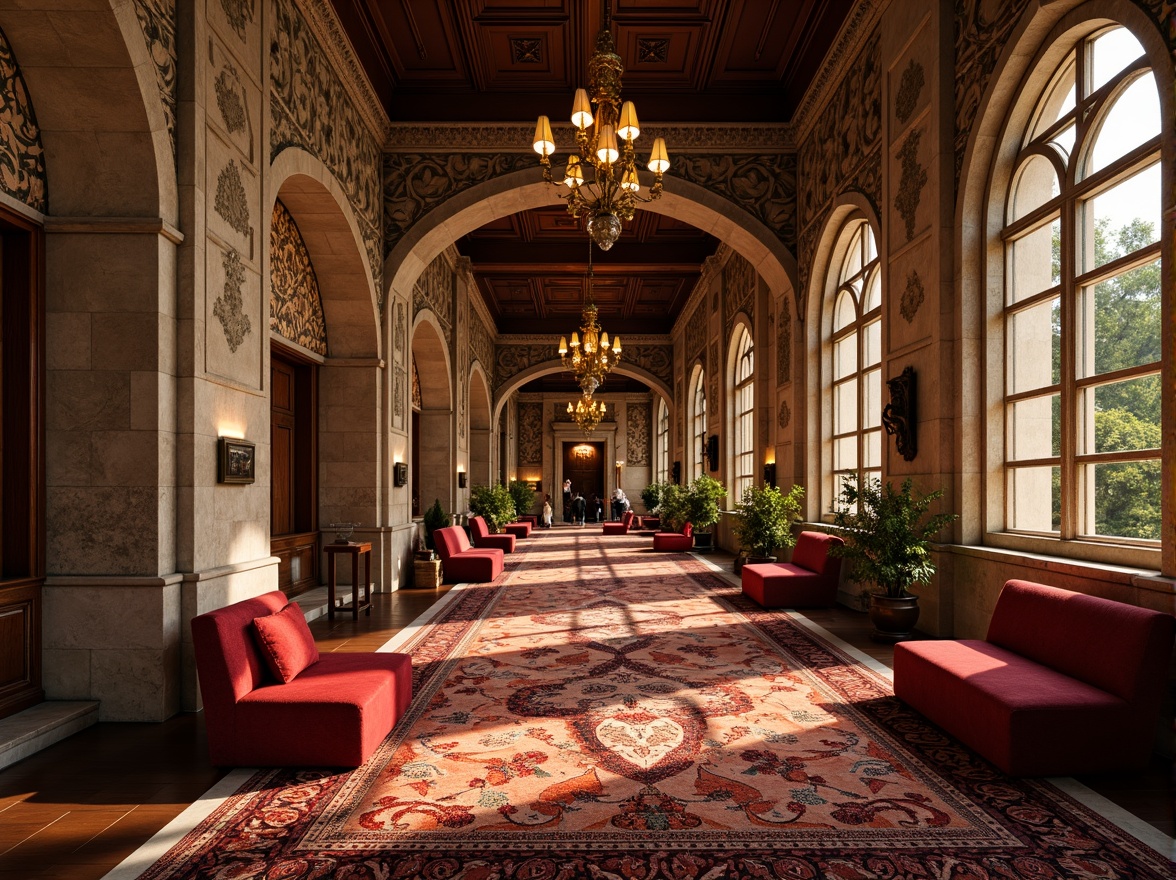 Prompt: Intricately carved stone walls, ornate columns, grand archways, richly patterned rugs, plush red velvet seats, gilded details, warm golden lighting, majestic high ceilings, symmetrical composition, 1/1 aspect ratio, soft focus blur, Romanesque architectural style, historic landmark building, cultured atmosphere, sophisticated decor, elegant chandeliers, refined wooden accents.