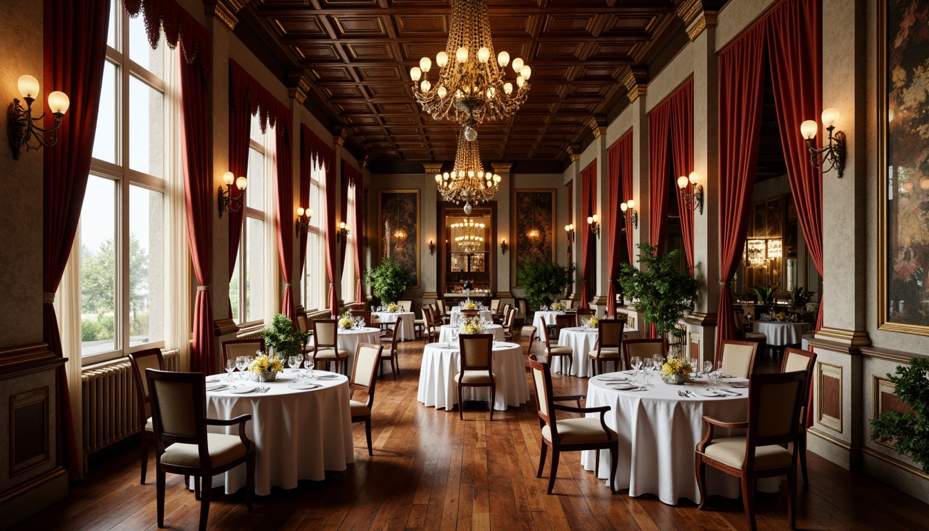 Prompt: Richly polished wooden floors, ornate chandeliers, majestic stone columns, intricately carved furniture, luxurious velvet drapes, lavish gold accents, elegant lace tablecloths, fine china dinnerware, sparkling crystal glassware, warm candlelight, soft diffused lighting, 1/1 composition, shallow depth of field, realistic reflections, ambient occlusion.