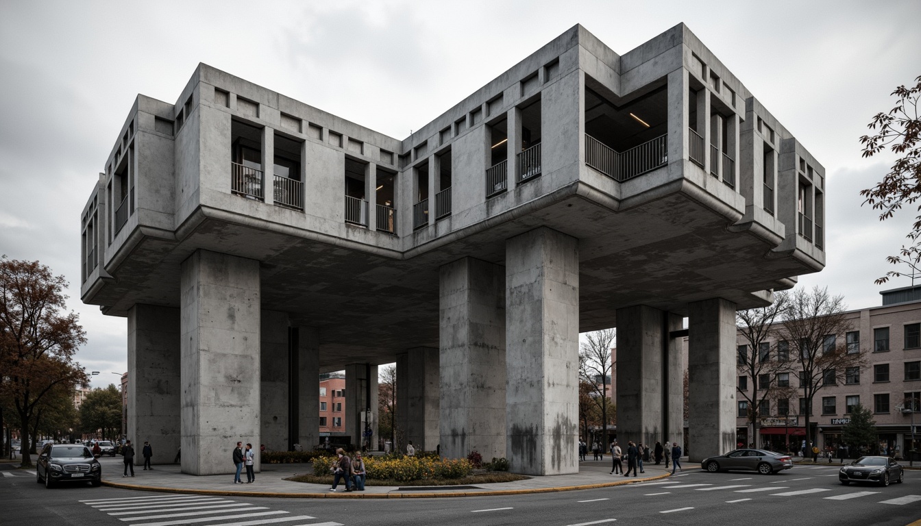 Prompt: Rugged brutalist bridge, exposed concrete structure, angular forms, rugged textures, industrial materials, raw unfinished surfaces, monumental scale, urban cityscape, busy roadways, dramatic lighting, high contrast shadows, bold geometric shapes, fortress-like pillars, imposing arches, cantilevered sections, weathered steel railings, poured-in-place concrete, brutalist architectural style, monochromatic color scheme, overcast sky, strong diagonal lines, symmetrical composition, high dynamic range.