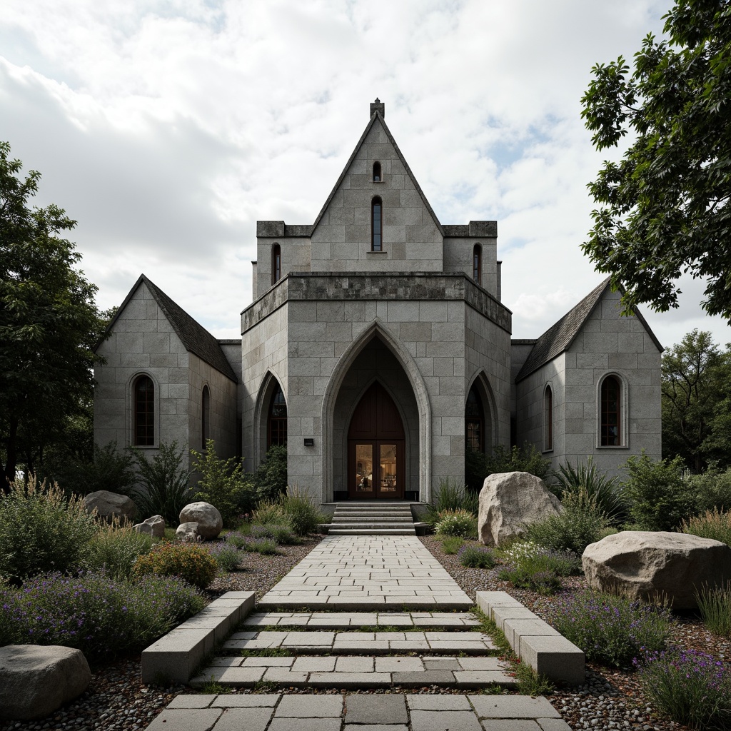 Prompt: Rugged church exterior, brutalist architecture, raw concrete walls, angular lines, fortress-like structure, overgrown vegetation, wildflowers, moss-covered stones, weathered wooden benches, minimalist landscaping, sparse tree planting, dramatic shadows, high-contrast lighting, bold geometric shapes, abstract sculptures, monolithic monuments, pebbled pathways, gravel walkways, natural stone paving, somber color palette, moody atmosphere, cinematic composition, wide-angle shot, low-depth of field.