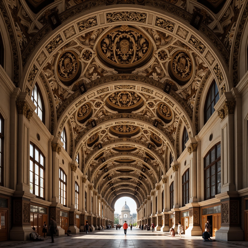 Prompt: Ornate arches, intricately carved stonework, grandiose Baroque facade, symmetrical composition, opulent golden accents, lavish ornamentation, dramatic curved lines, majestic entranceways, imposing stone columns, ornamental balustrades, richly patterned flooring, warm soft lighting, shallow depth of field, 2/3 composition, detailed textures, ambient occlusion.