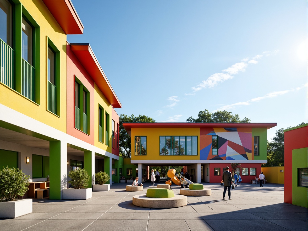 Prompt: Vibrant elementary school building, playful color blocks, geometric patterned walls, cantilevered rooflines, large windows with green frames, solar panels integrated into fa\u00e7ade, dynamic LED lighting, abstract murals, educational signage, playful outdoor seating, poured-in-place rubber playground surfaces, modern structuralism architecture, clean lines and minimal ornamentation, natural stone accents, bright sunny day, soft warm lighting, shallow depth of field, 3/4 composition, realistic textures, ambient occlusion.