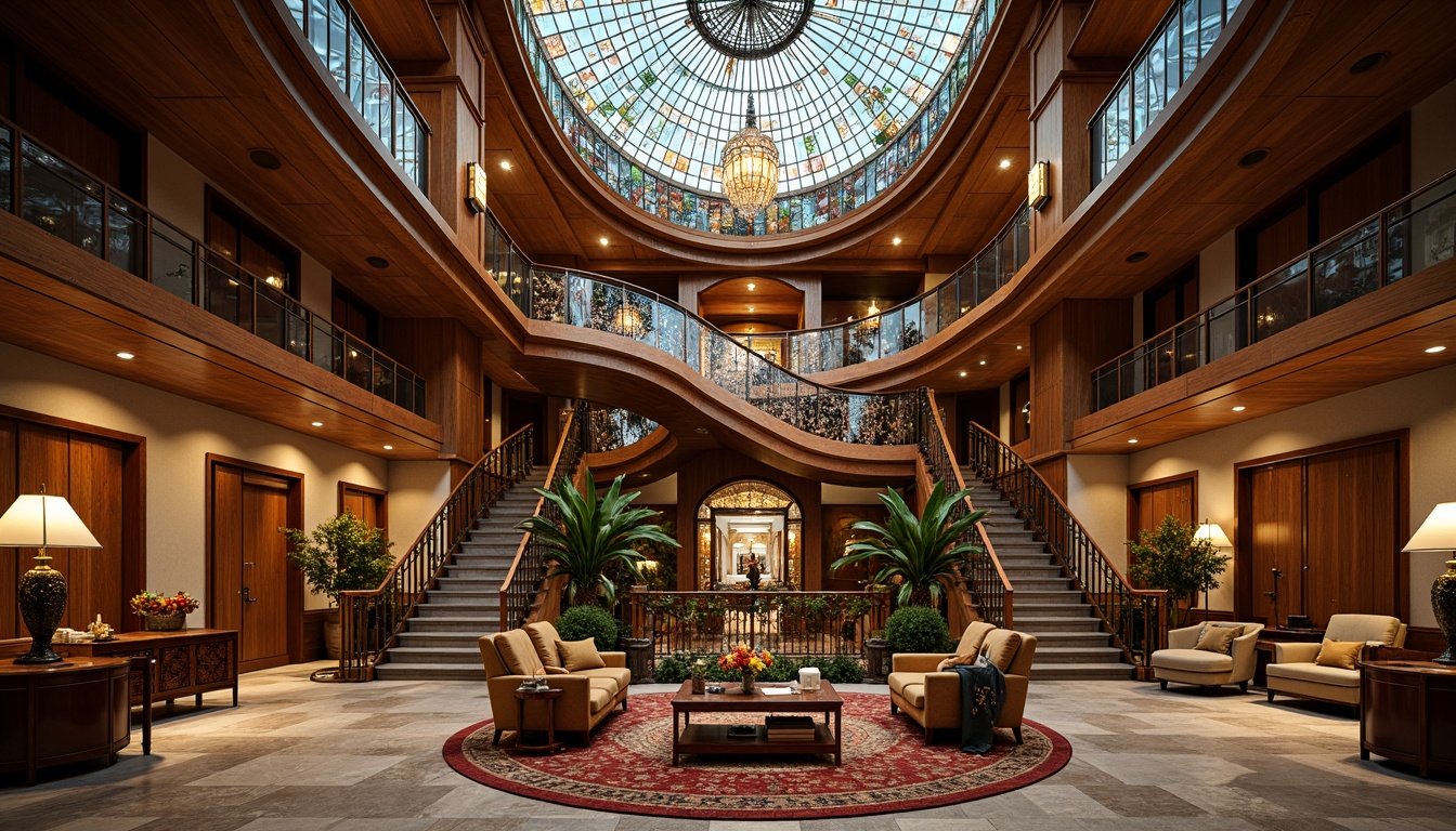 Prompt: Luxurious hotel lobby, sweeping grand staircase, ornate metalwork, flowing organic lines, sinuous curves, botanical motifs, stained glass ceiling, intricate mosaics, lavish chandeliers, plush velvet furnishings, rich wood paneling, elegant archways, dramatic verticality, warm golden lighting, shallow depth of field, 1/2 composition, symmetrical framing, high-contrast textures, ambient occlusion.