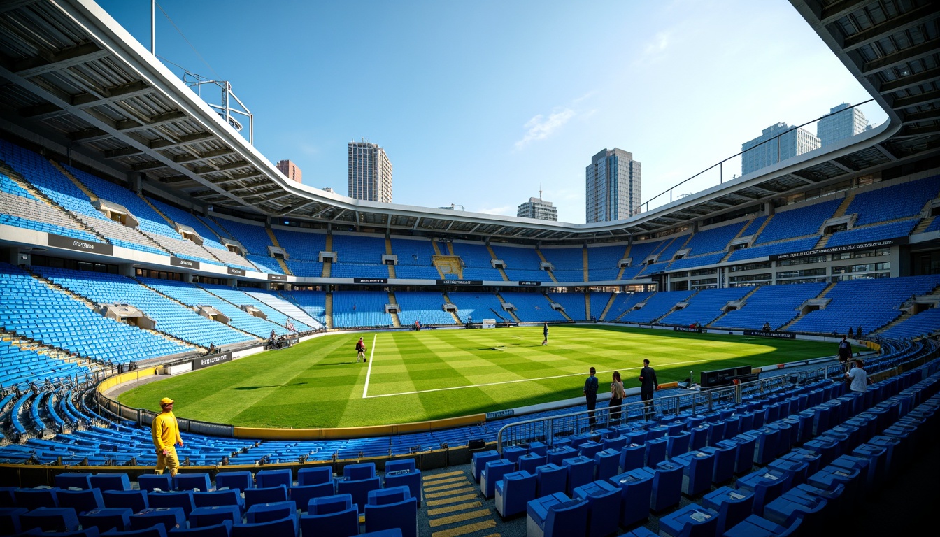 Prompt: Vibrant stadium atmosphere, electric blue seats, bright green turf, bold yellow goalposts, dynamic LED lights, modern angular architecture, sleek metallic surfaces, urban cityscape backdrop, clear sunny day, dramatic shadows, high-contrast lighting, cinematic camera angles, wide-angle lens, shallow depth of field, 2/3 composition, realistic textures, ambient occlusion.