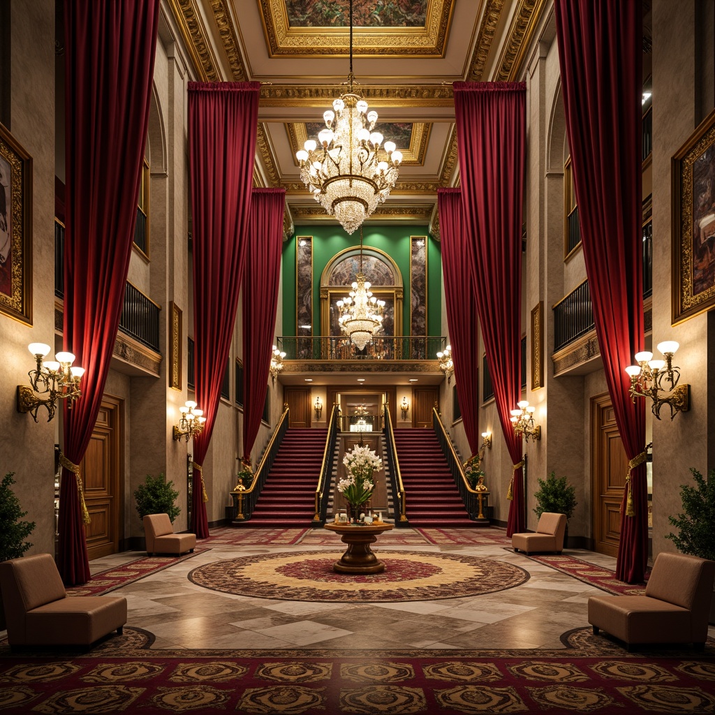 Prompt: Luxurious velvet drapes, ornate golden accents, lavish crystal chandeliers, grand staircases, opulent marble floors, intricately carved wooden panels, richly patterned rugs, majestic archways, imposing stone columns, dramatic spotlights, warm ambient lighting, 1/1 composition, cinematic framing, shallow depth of field, vibrant red curtains, lavish green walls, ornate mirrors, gilded frames, regal thrones, futuristic bio-luminescent details, metallic surfaces, cyberpunk-inspired pipes, neon-like accents.