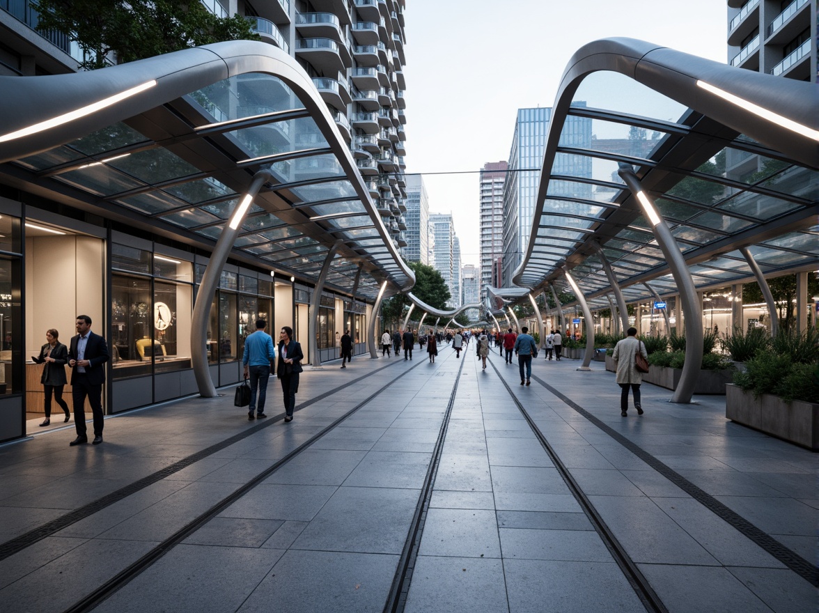 Prompt: Futuristic tram station, dynamic curvaceous lines, sleek metallic surfaces, LED lighting strips, transparent glass roofs, minimalist architectural style, modern urban infrastructure, high-tech transportation hub, bustling city center, morning rush hour, soft natural light, shallow depth of field, 1/1 composition, panoramic view, realistic reflections, ambient occlusion, vibrant city soundscape.