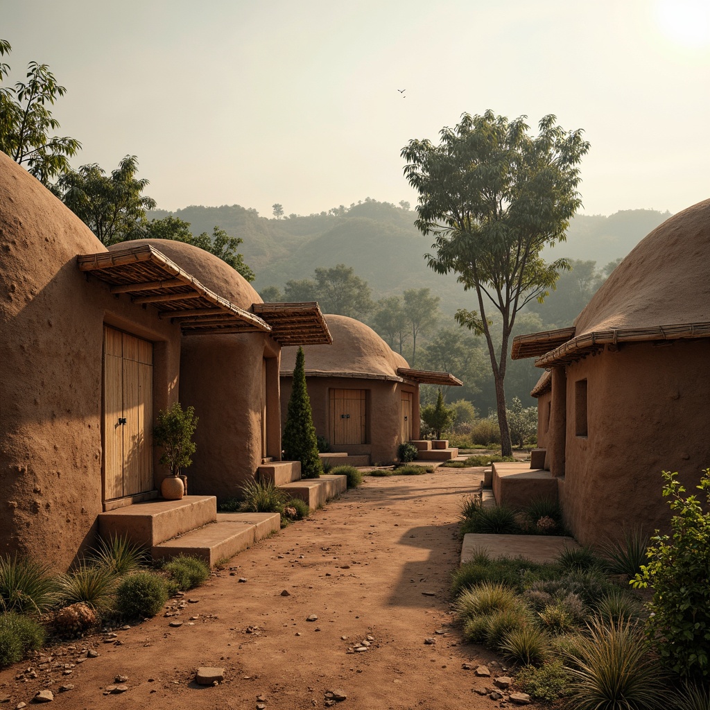 Prompt: Earthy mud hut, organic natural materials, rough textures, irregular shapes, rustic wooden doors, woven bamboo roofs, muddy brown color palette, earthy scent, natural ambiance, warm soft lighting, shallow depth of field, 1/2 composition, realistic mud details, ambient occlusion, serene rural landscape, rolling hills, scattered trees, misty morning atmosphere.